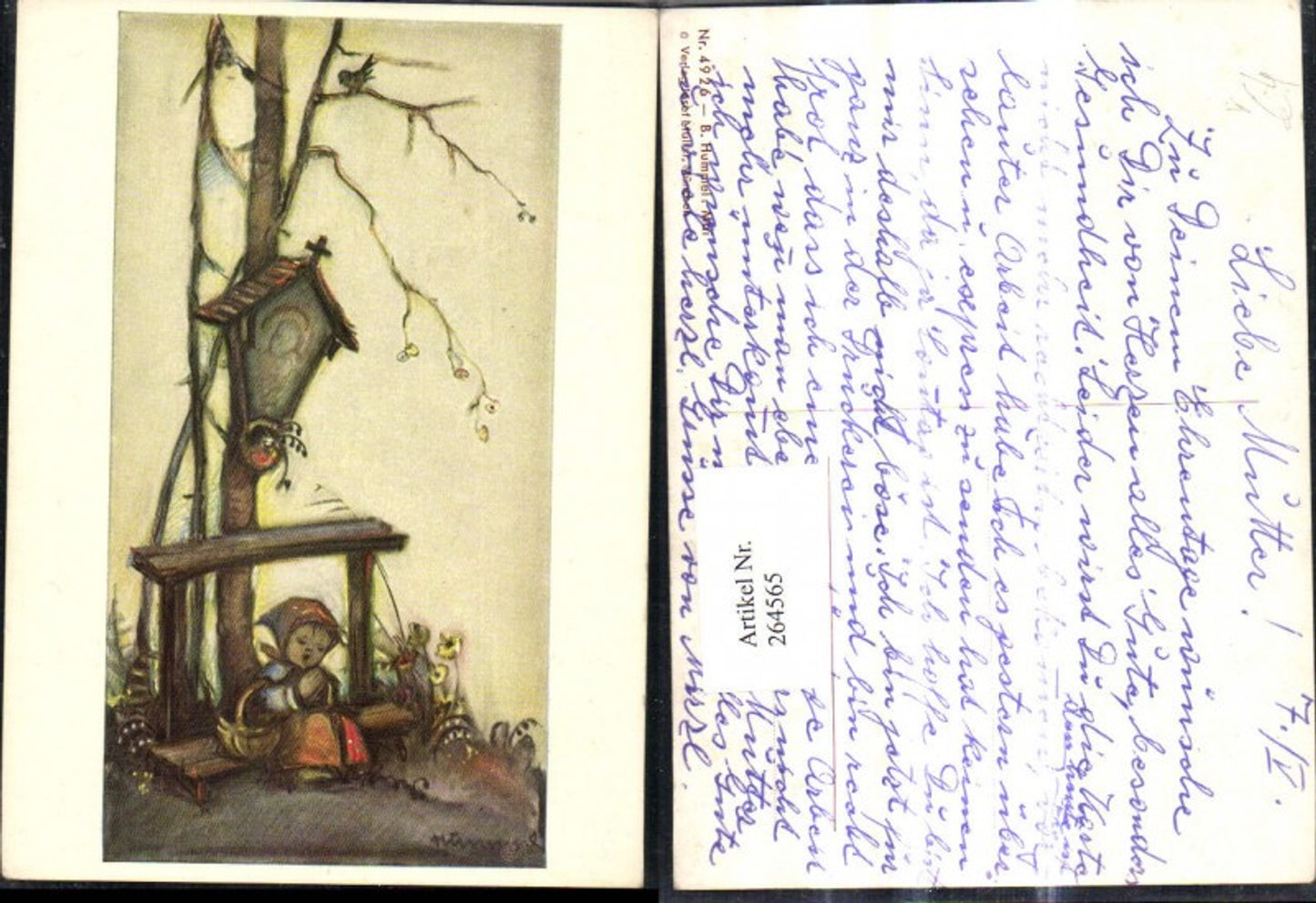 264565,Künstler Ak Berta Hummel 4926 Mai Mädchen betet Marterl Wegkreuz Vogtel Baum