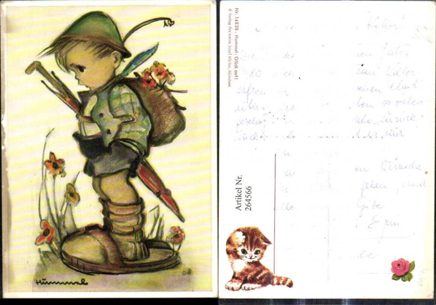 264566,Künstler Ak Berta Hummel 14838 Glück auf Bub m. großen Schuhen Schirm Hut Rucksack