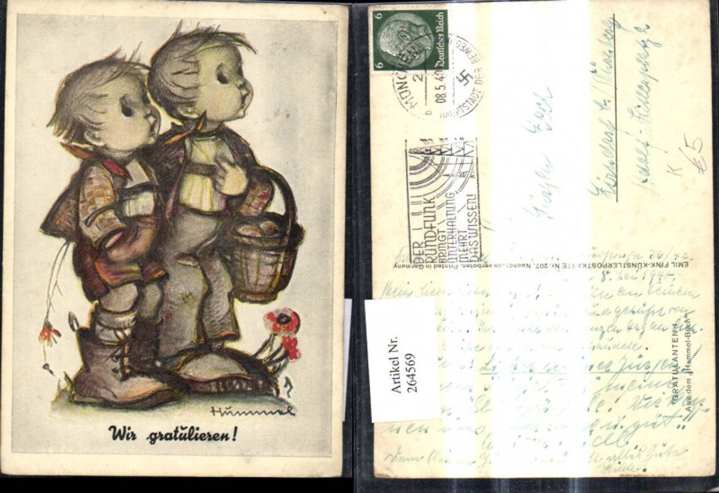 264569,Künstler Ak Berta Hummel Wir gratulieren Buben Jungen m. Korb
