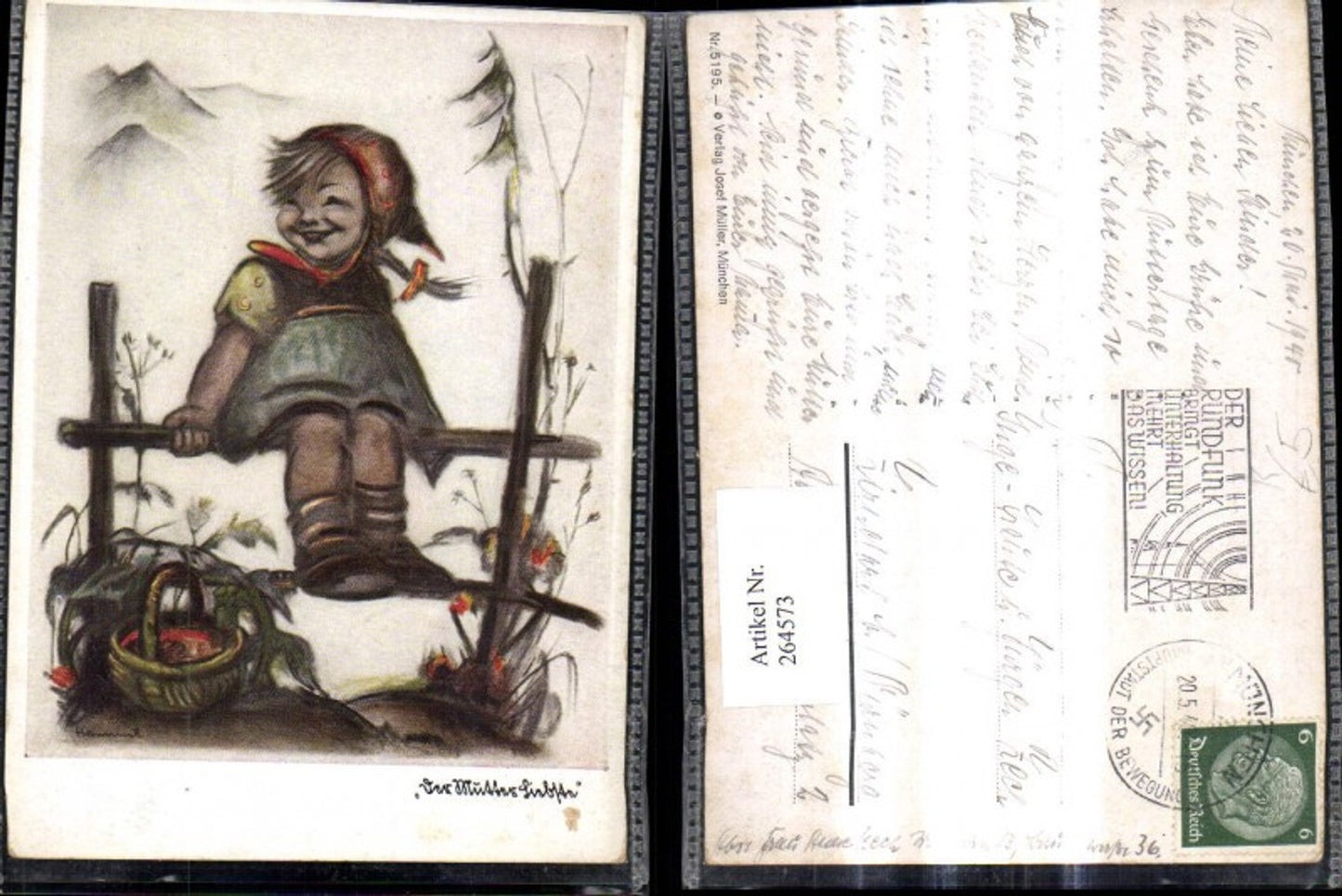 264573,Künstler Ak Berta Hummel 5195 Mädchen sitzt a. Holzzaun Zaun Korb