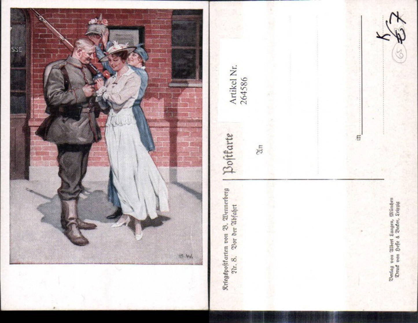 264586, Artist Ak Brynolf Wennerberg 8 Before Departure Soldier with Women Platform Pickelhaube War Post