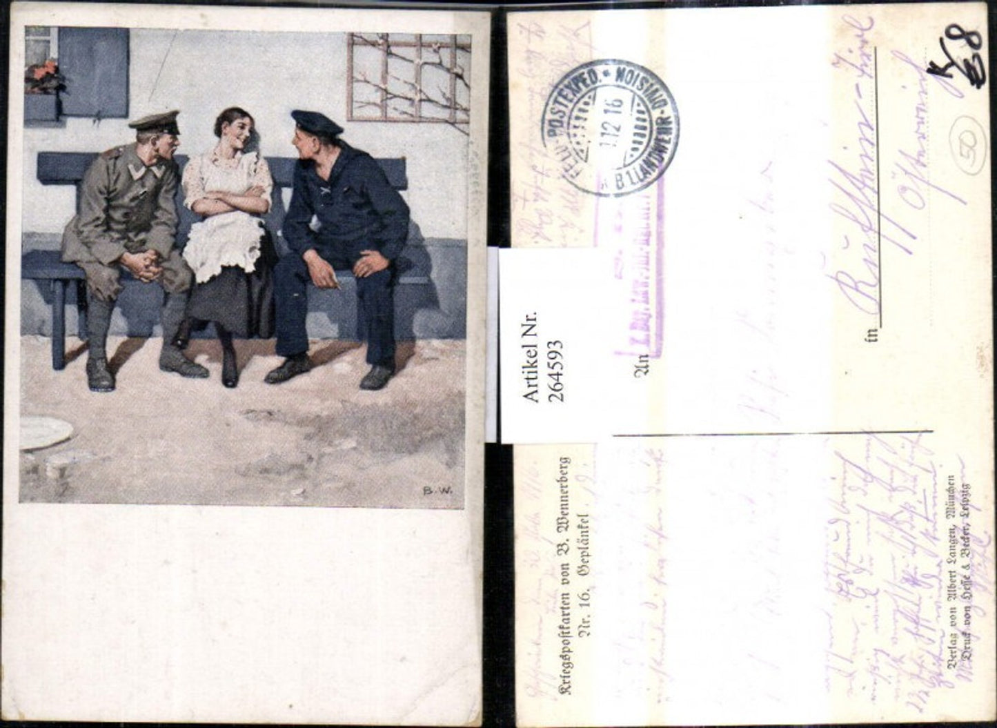 264593,Künstler Ak Brynolf Wennerberg 16 Geplänkel Frau m. Soldaten Matrose a. Bank Kriegspost