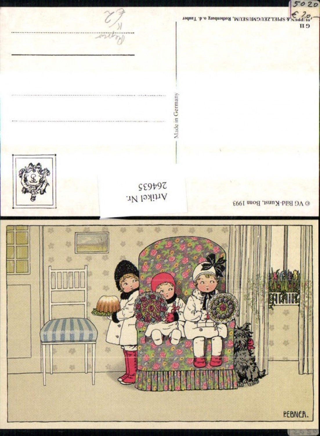 264635,Repro Künstler Ak Pauli Ebner Mädchen a. Sofa Blumenstrauß Gugelhupf Hund
