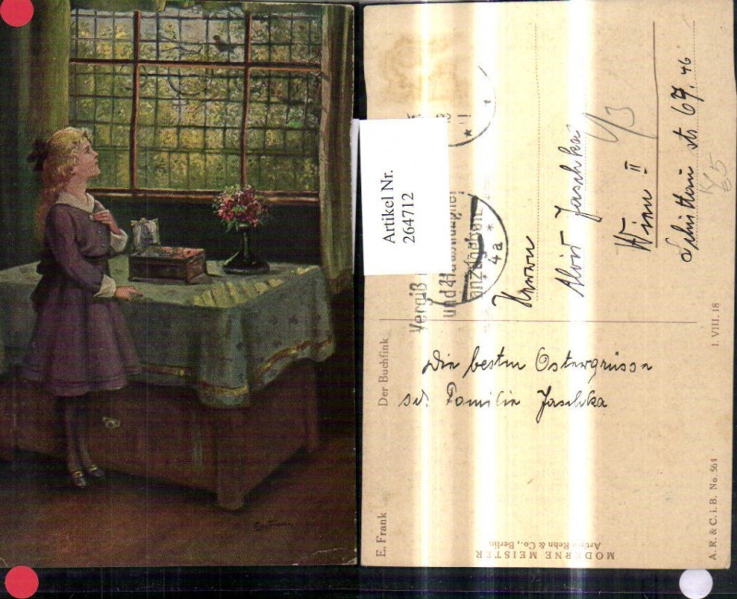 264712,Künstler Ak Elly Frank Der Buchfink Mädchen v. Fenster beobachtet Vogel