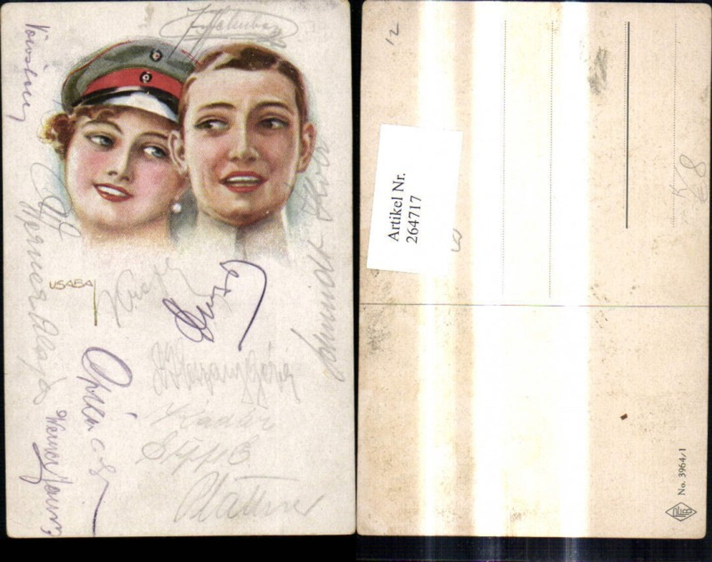 264717,Künstler Ak Luis Usabal Paar Frau m Kappe Uniform Schirmmütze