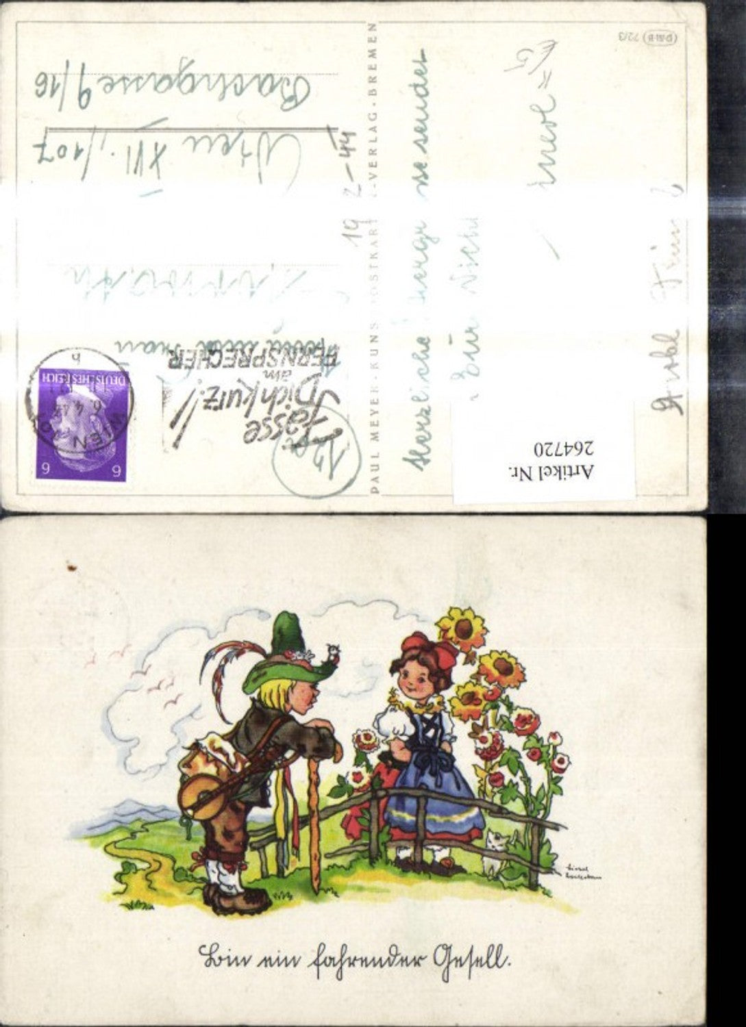 264720,Künstler Ak Liesel Lauterborn Mädchen Tracht Katze Wanderer Blumen