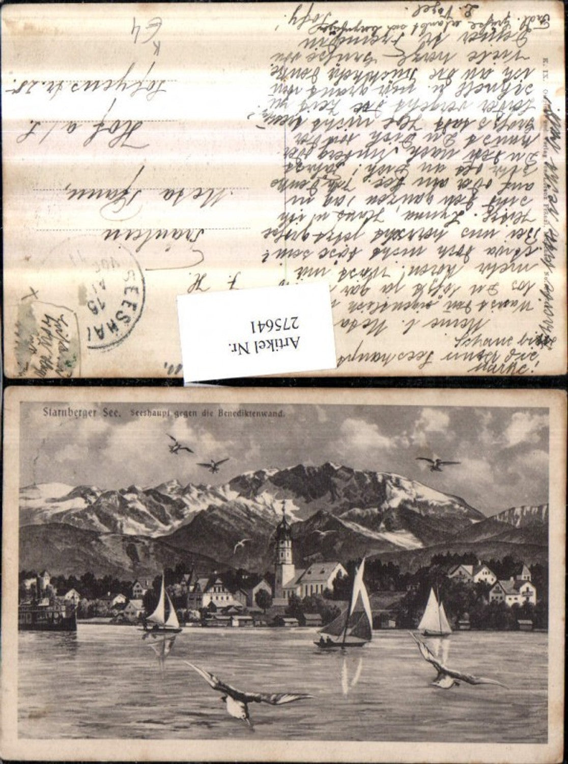 275641, Artist AK Lorenz Fränzl Starnberger See Partial view Church Sailboats Mountain scenery