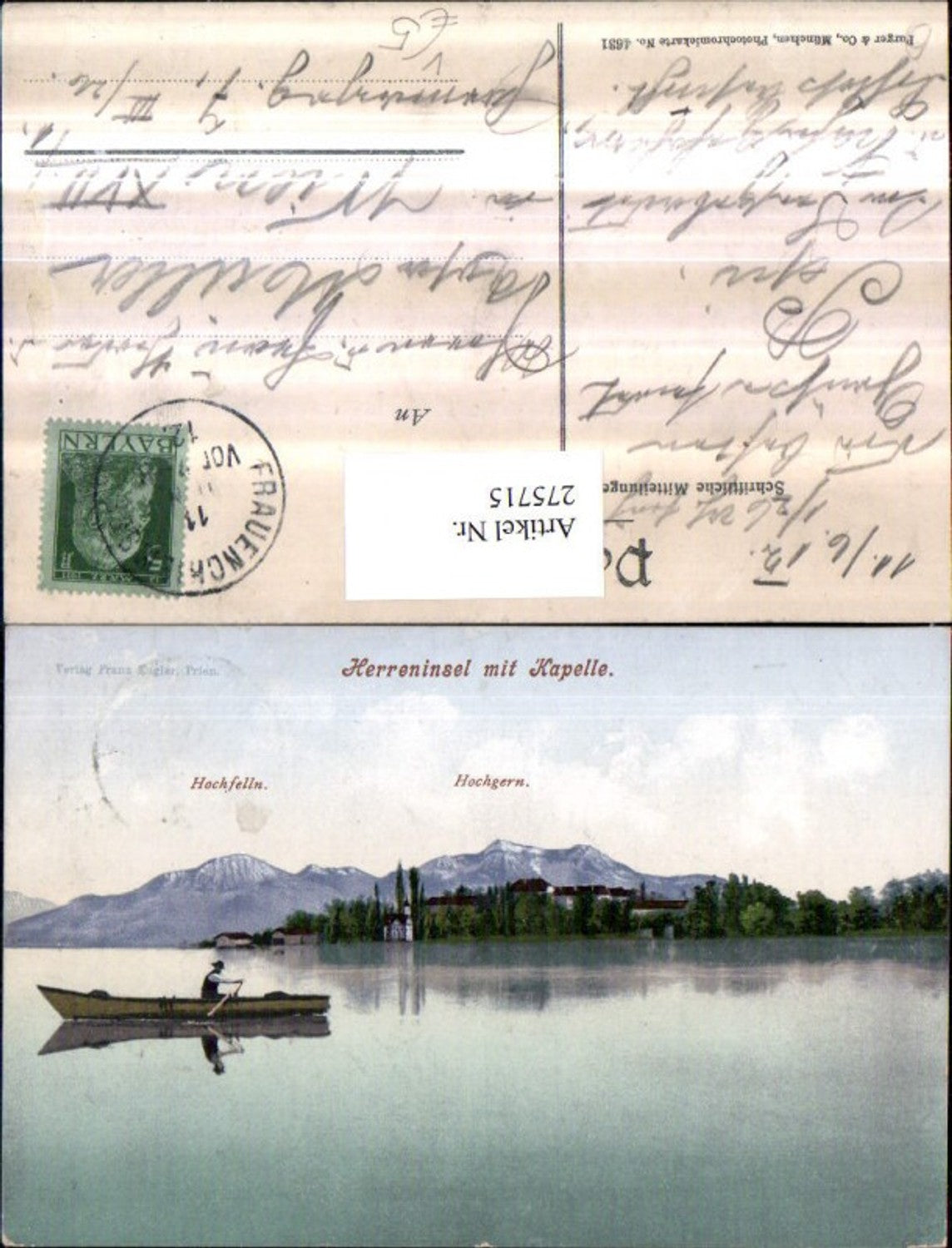 275715, Herreninsel with chapel, mountain scenery Hochfelln Hochgern, rowing boat, pub Puger &amp; Co. 4631