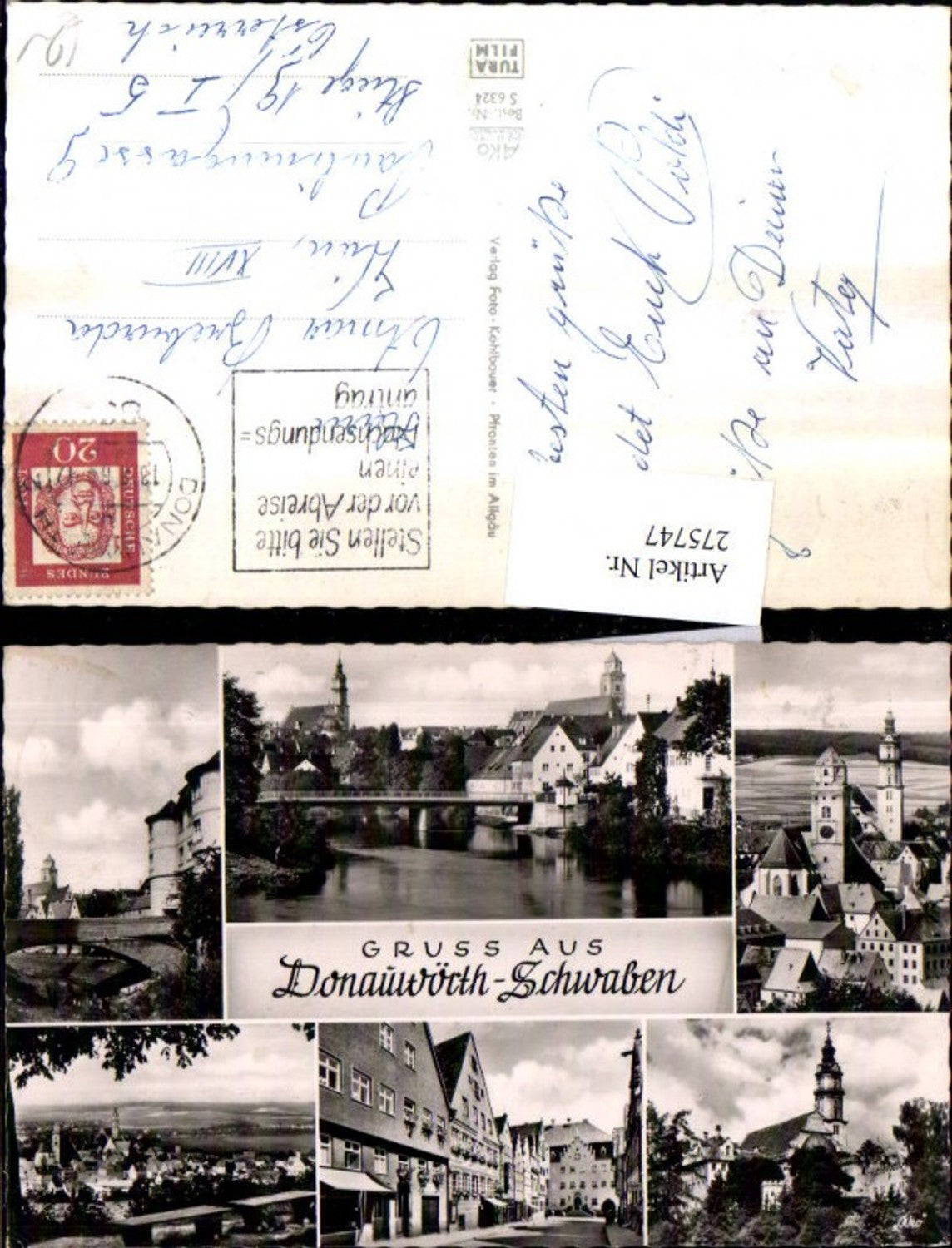 275747,Gruß aus Donauwörth in Schwaben Totale Kirche Brücke Straßenansicht Mehrbildkarte