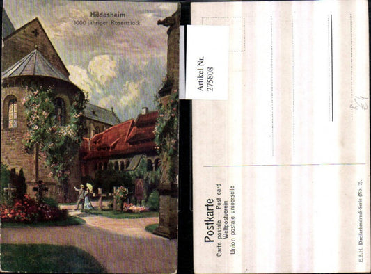 275808,Künstler AK Hildesheim 1000-jähriger Rosenstock Kirche