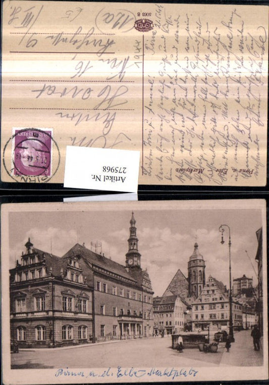 275968,Pirna an d. Elbe Marktplatz Rathaus Kirche Brunnen