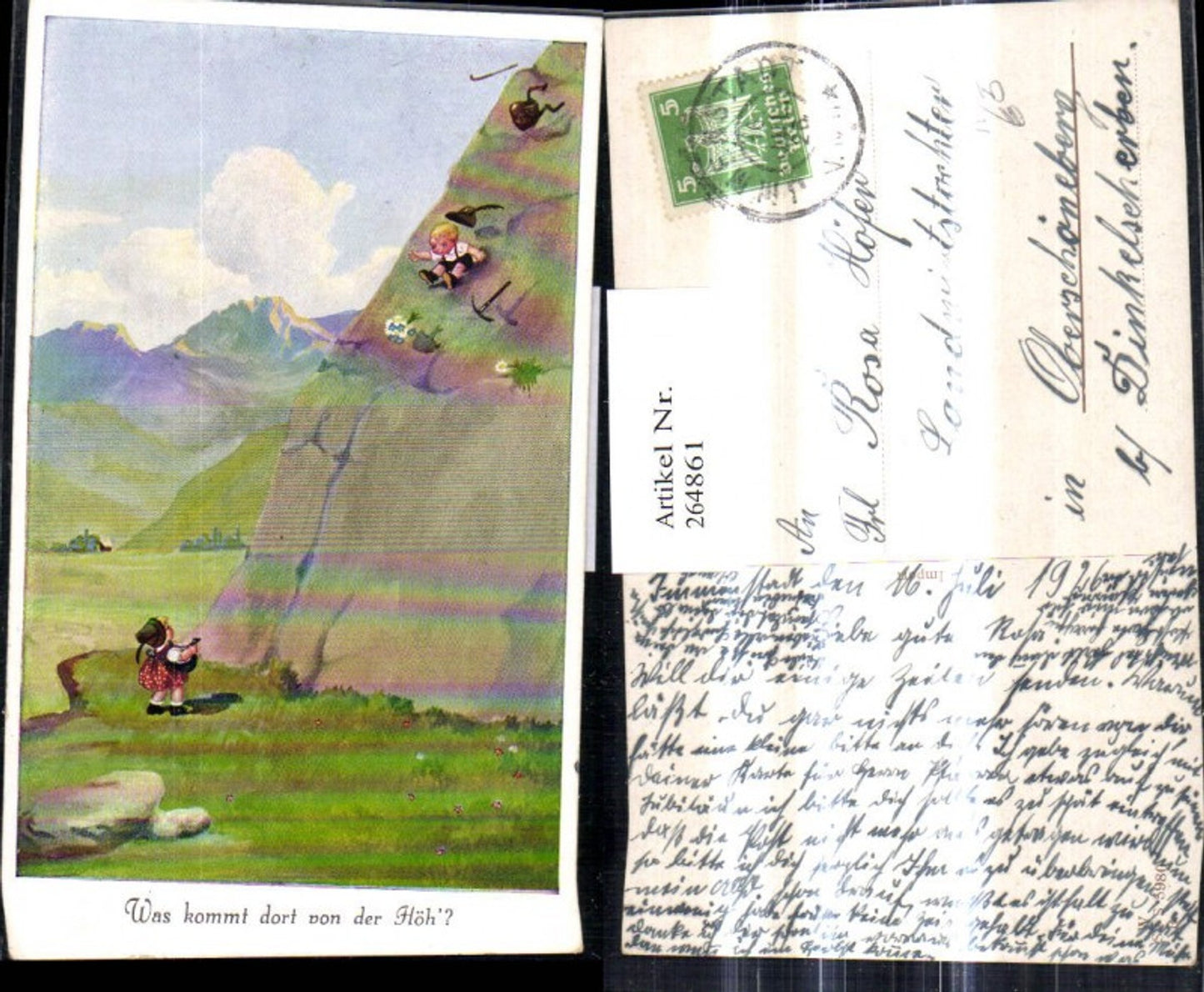 264861,Künstler Ak Kinder Mädchen a. Boden Junge rutscht v. Berg Felsen Spruch Bergsteigen