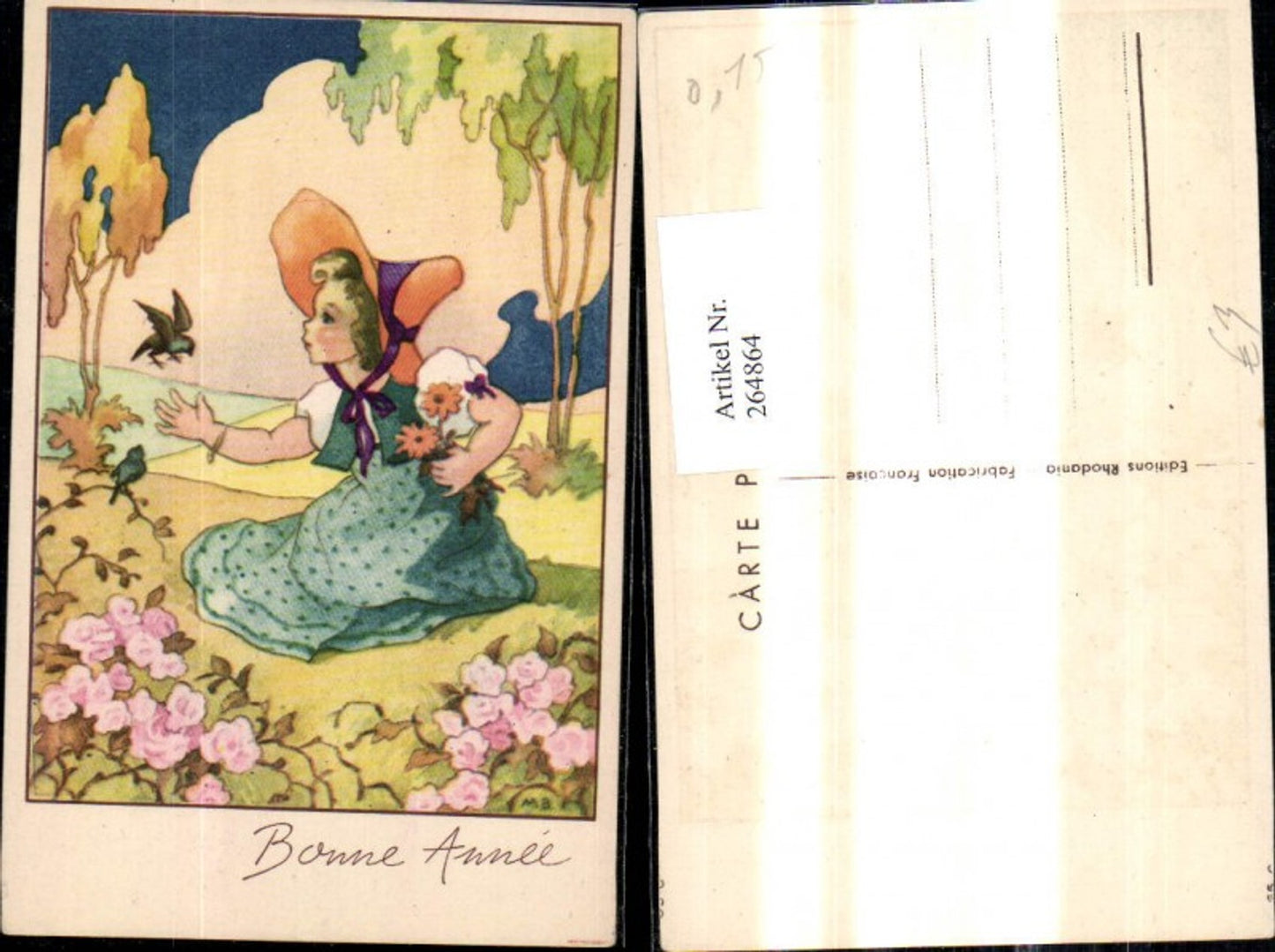 264864,Künstler Ak Kind Mädchen i. Kleid Hut m. Vogel Blumen Landschaft Bonne Annee