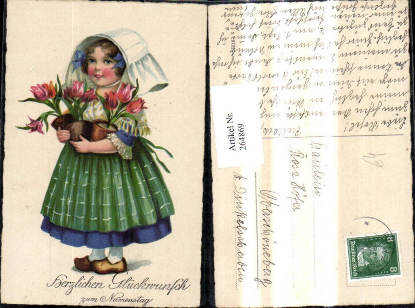 264869,Künstler Ak Kind Mädchen Holländischer Typ Haube Tulpentopf Tulpen Blumen Namenstag
