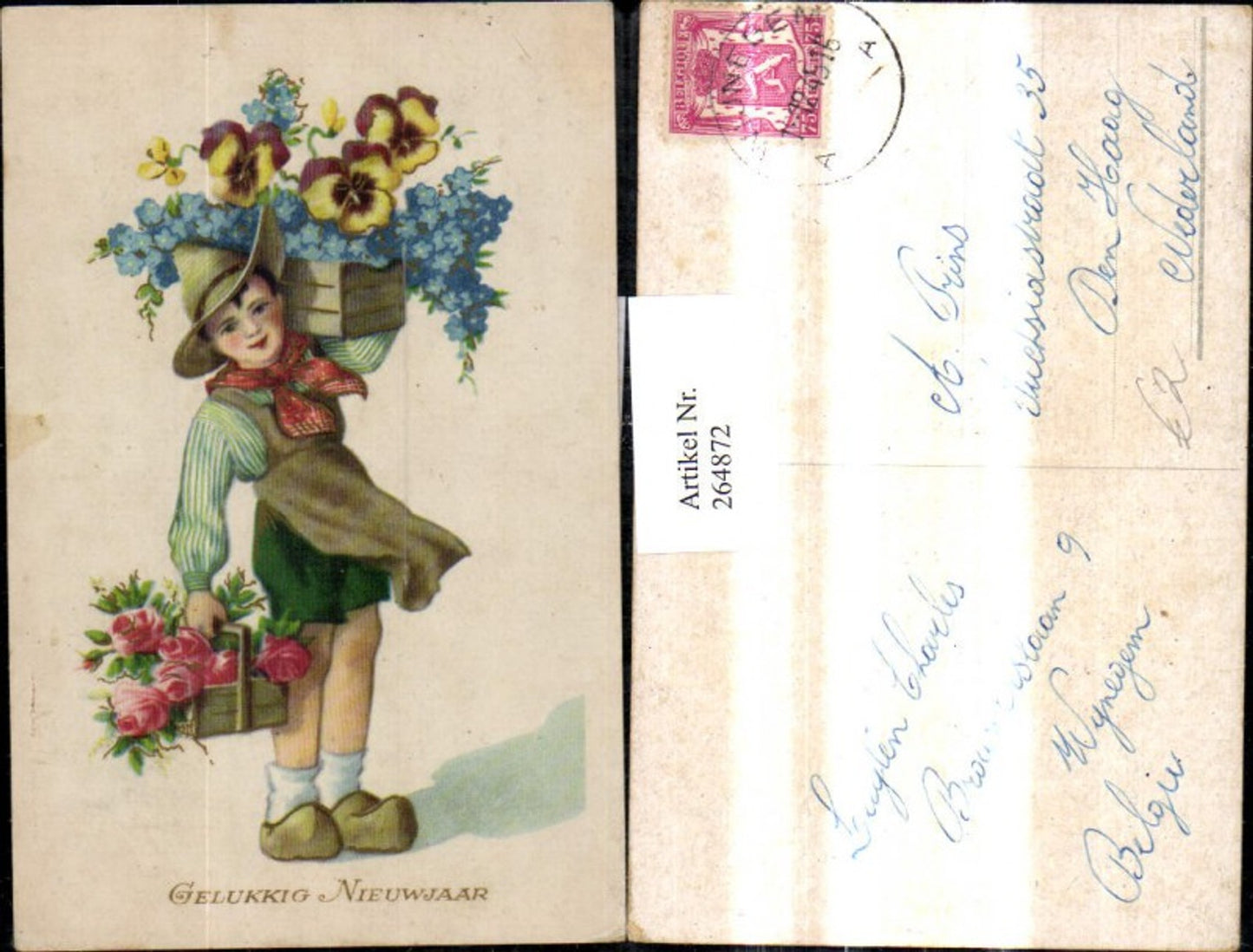 264872,Künstler Ak Kind Bub Junge Korb Kiste m. Blumen Vergissmeinnicht Rosen Stiefmütterchen Neujahr