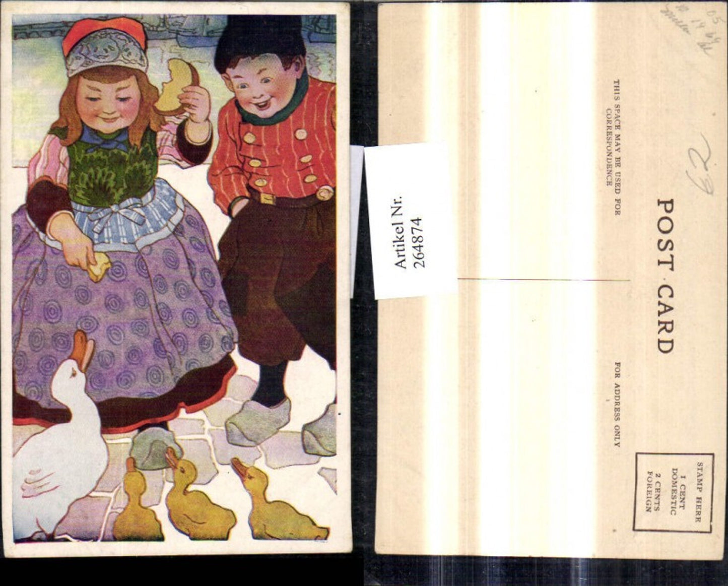 264874,Künstler Ak Kinder Holländischer Typ füttern Gänse Küken