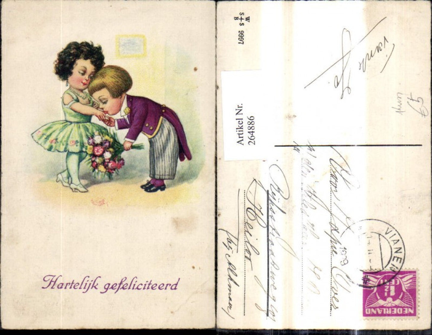264886, Artist Ak Children's Tailcoat Dress Hand Kiss Bouquet Flowers Hartelijk gefeliciteerd