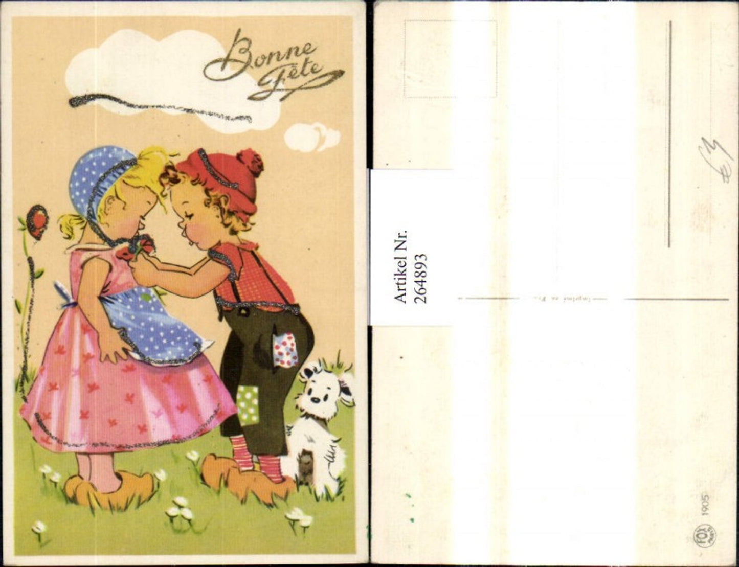 264893,Glitzer Künstler Ak Kinder m. Hund Blumenwiese Bonne fete