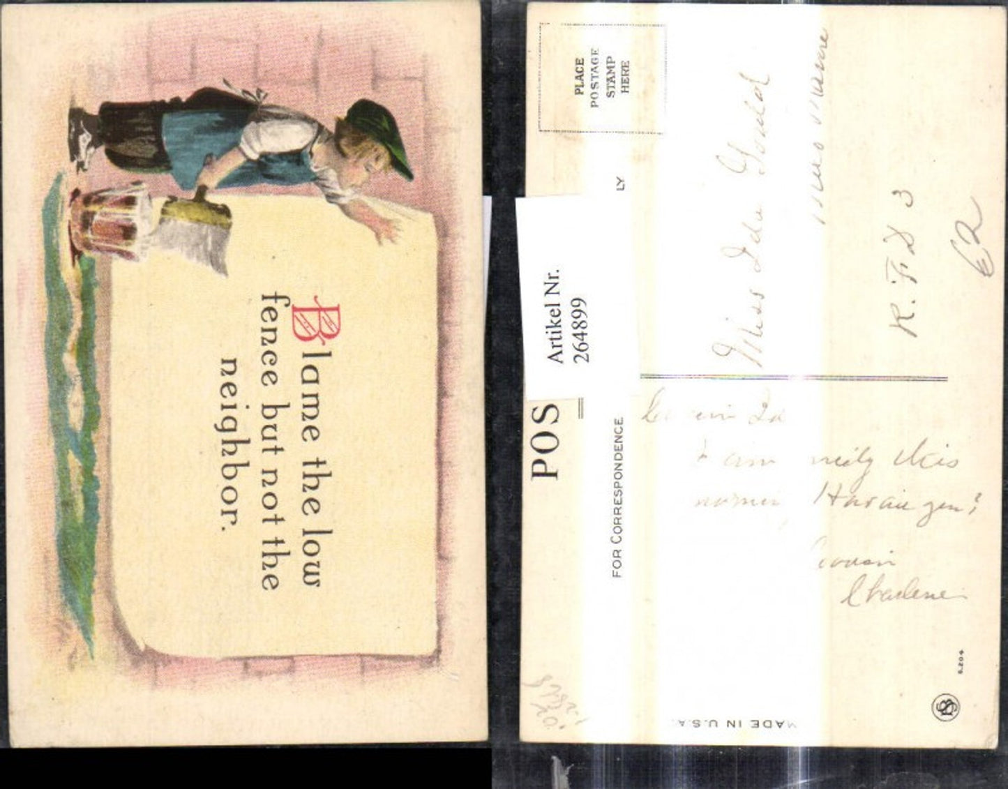 264899,Künstler Ak Kind Bub Junge m. Pinsel Kübel bemalt Steinmauer Papierrolle Spruch Text