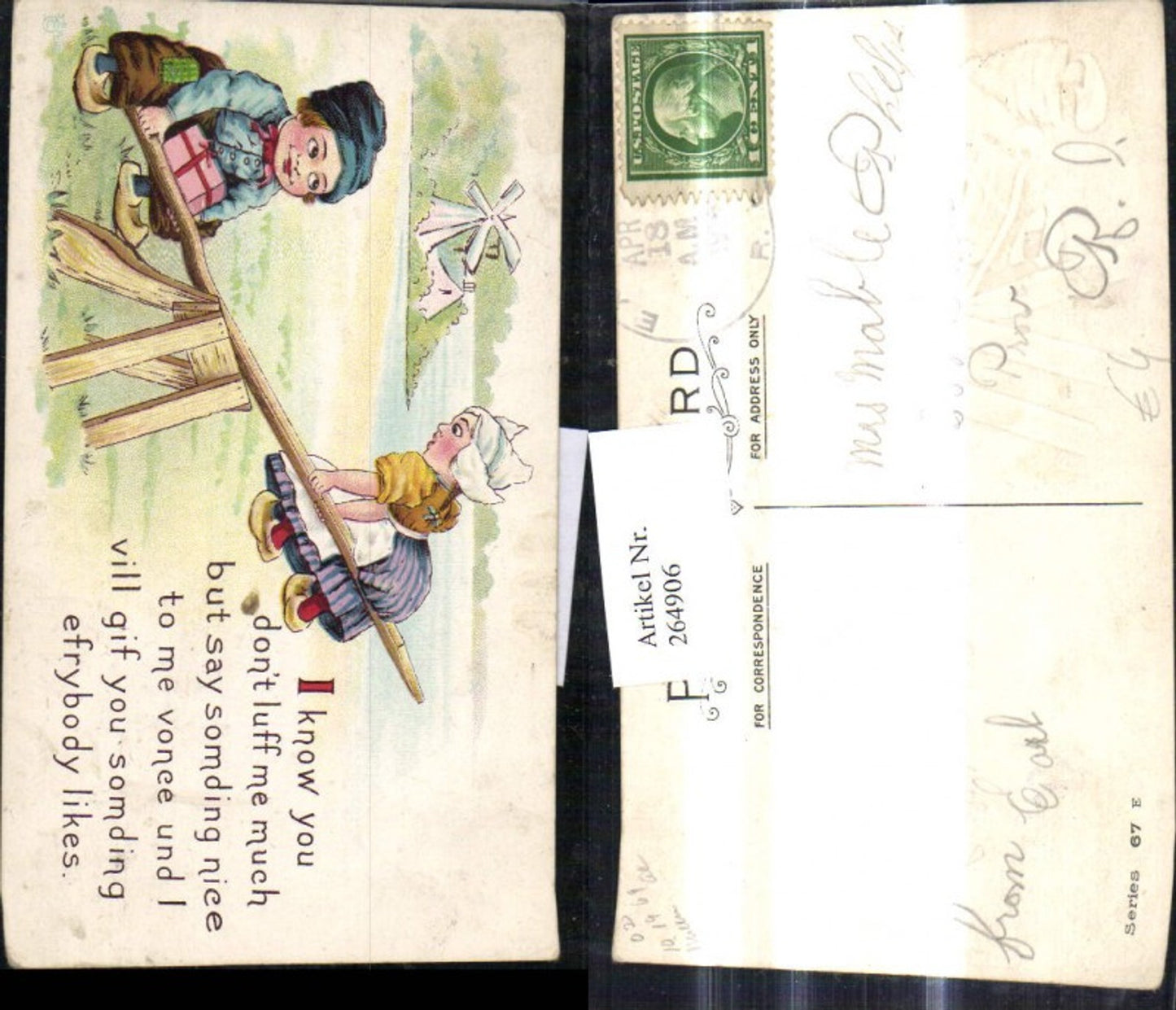 264906,Präge Künstler Ak Kinder Holländischer Typ a. Wippe Windmühle Spruch Text