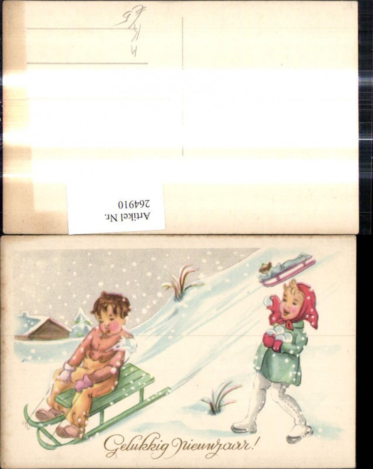 264910,Künstler Ak Kinder b. Schlittenfahren Rodeln Schneeballschlacht Winterlandschaft Neujahr Schlitten