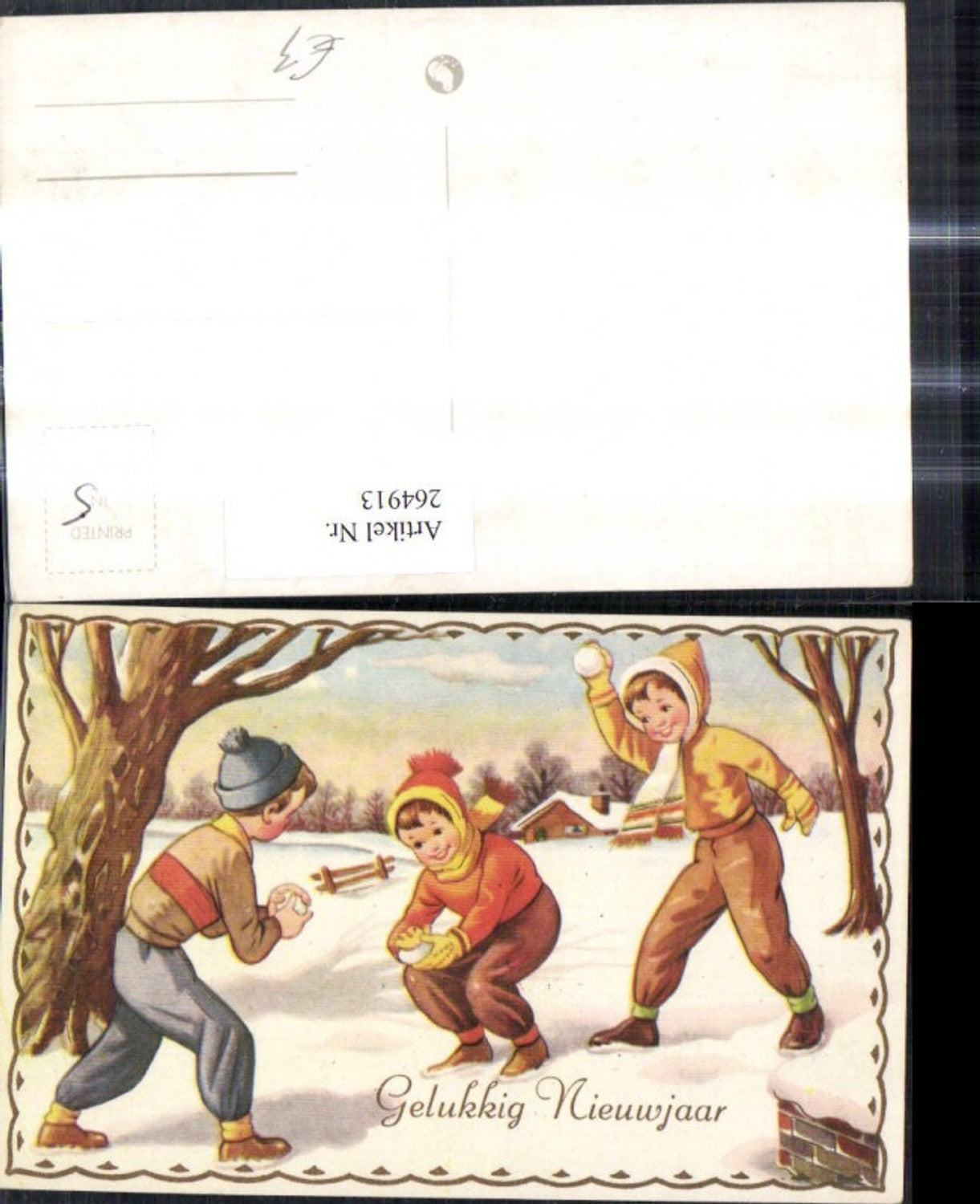 264913,Künstler Ak Kinder Schneeballschlacht Winterlandschaft Neujahr