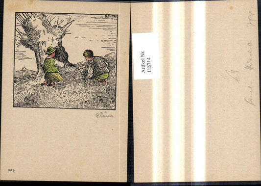 118714,Künstler Ak P. Pauer Holzschnitt Kinder b. Baum