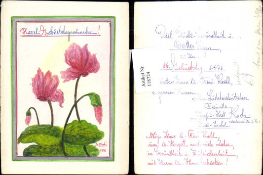 118724,Künstlerkarte Handgemalt Alpenveilchen Blumen Glückwunsch Geburtstag