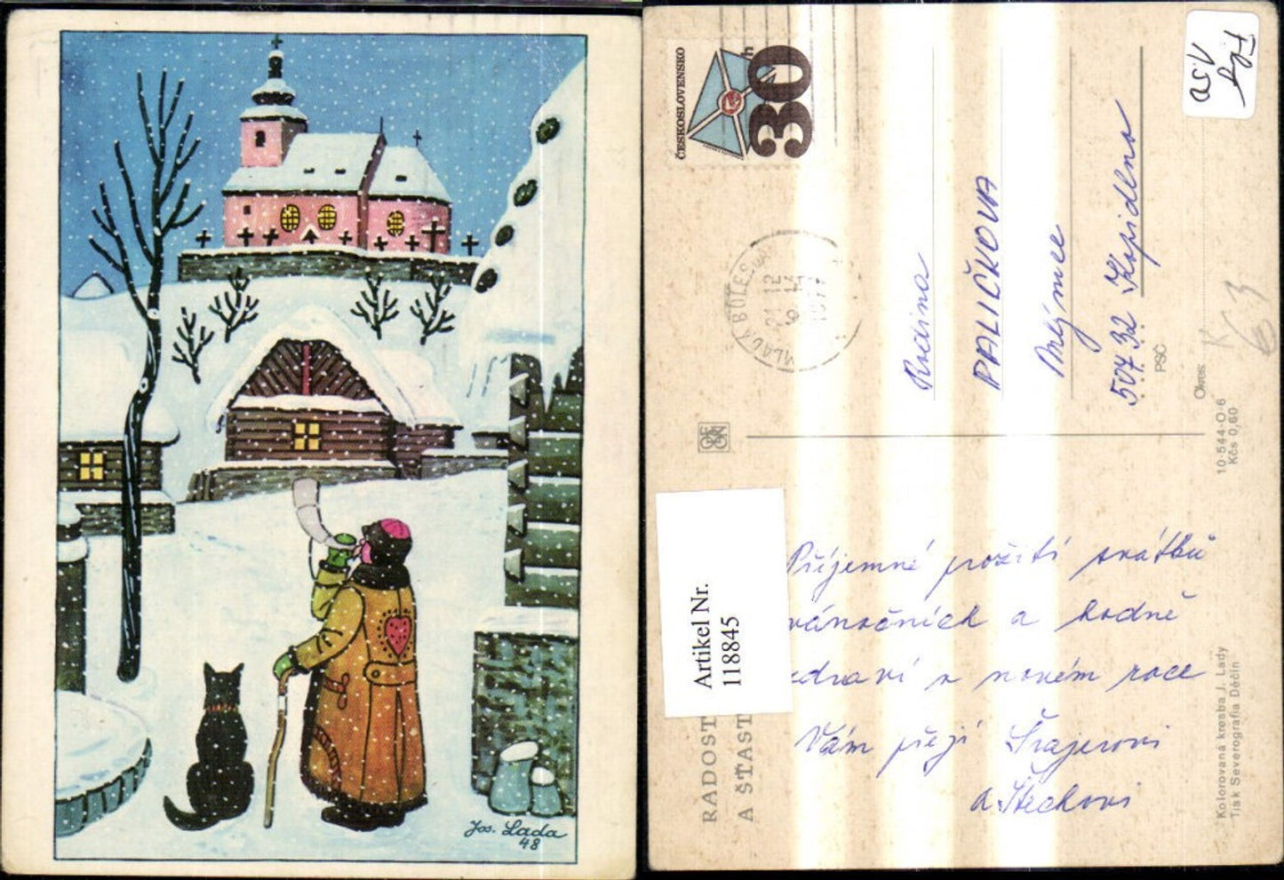 118845,Künstler Ak J. Lady Mann bläst Horn Hund Winterdorf
