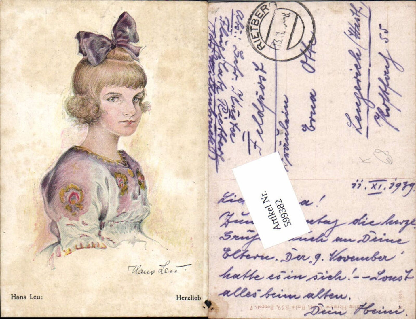 599382,Künstler AK Hans Leu Herzlieb Mädchen Haarschlaufe