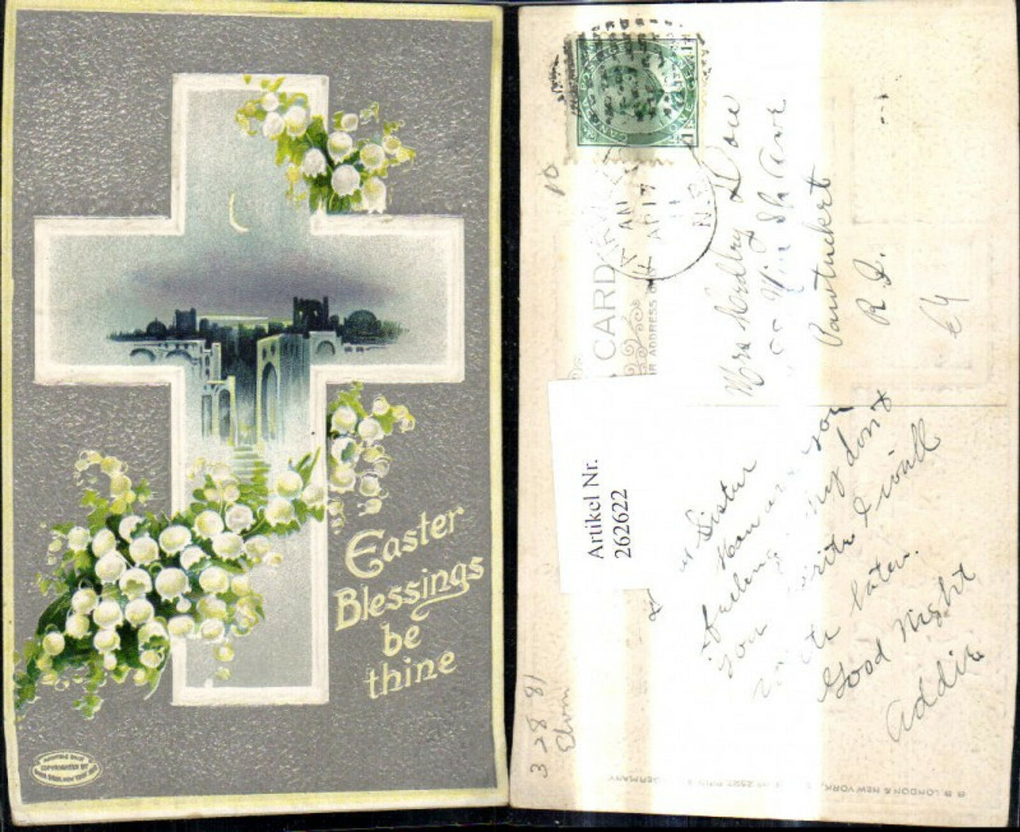 262622,Präge Ak Religion Kreuz Landschaft Stadt b. Sichelmond Mond Blumen Maiglö