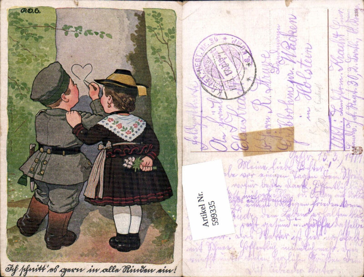 599335,Künstler AK P.O. Engelhard Kinder Kindersoldat Uniform Baumrinde Herz