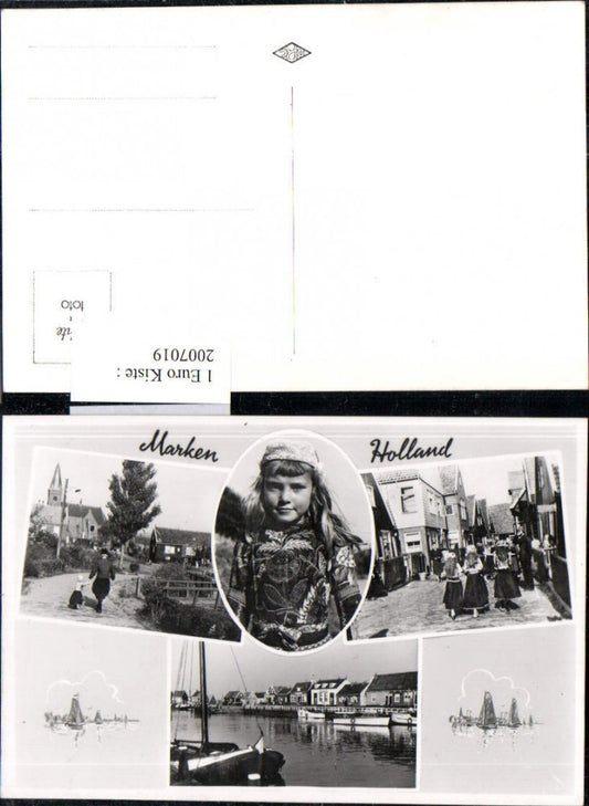 2007019,Holland Marken Straßenansicht Segelboote Mädchen Tracht Trachten Kirche Mehrbildkarte