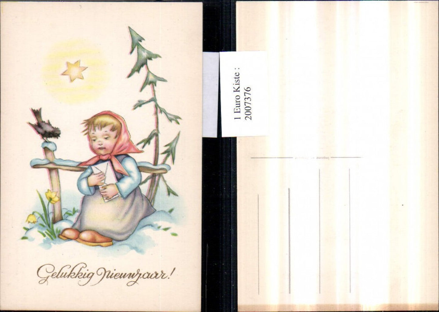 2007376,Künstler AK Neujahr Mädchen Kopftuch Brief Vogel Zaun Stern Narzissen Winterbild