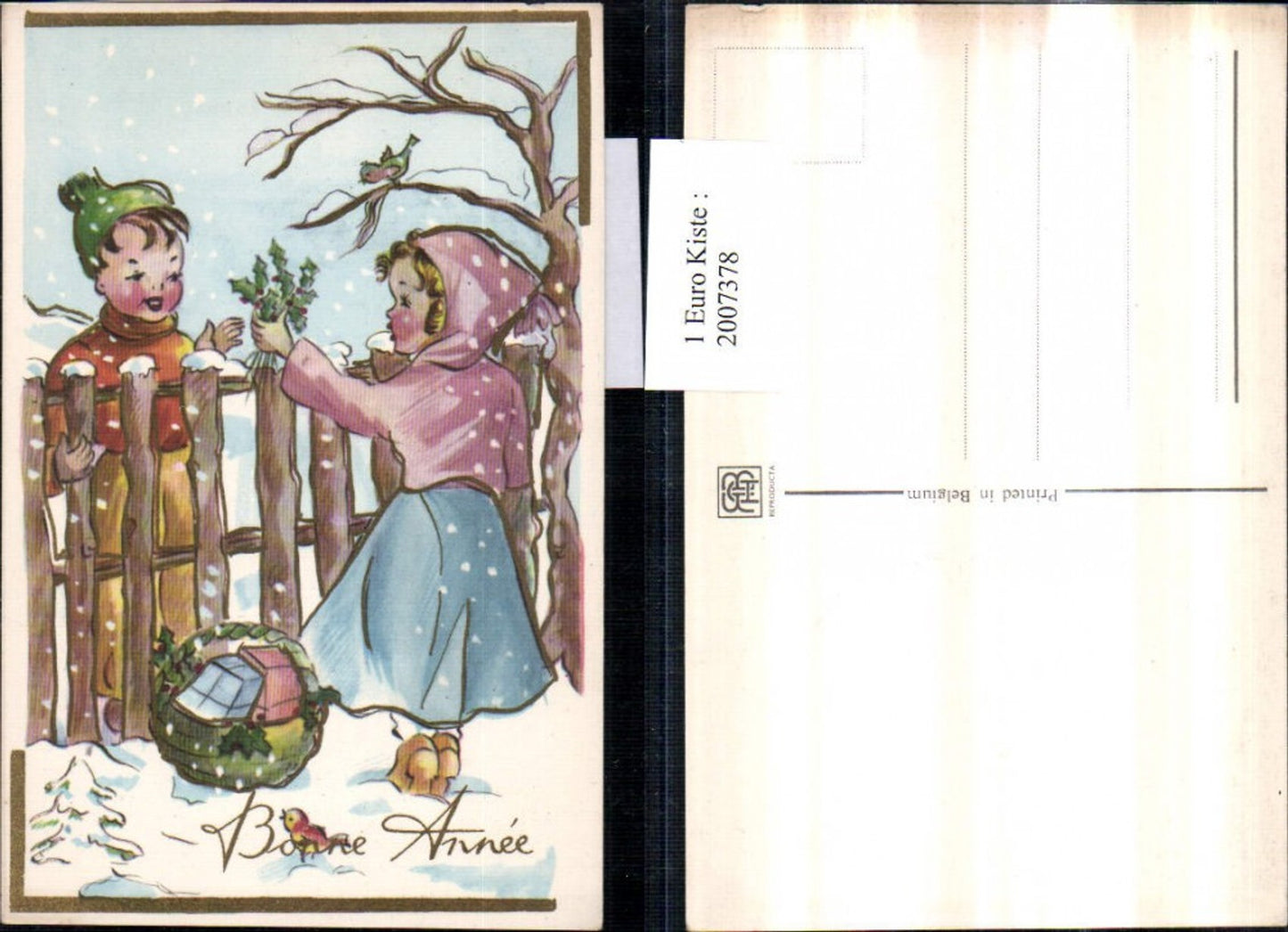 2007378,Künstler AK Neujahr Mädchen Stechpalmen Gartenzaun Junge Bub Korb Geschenke Winterbild