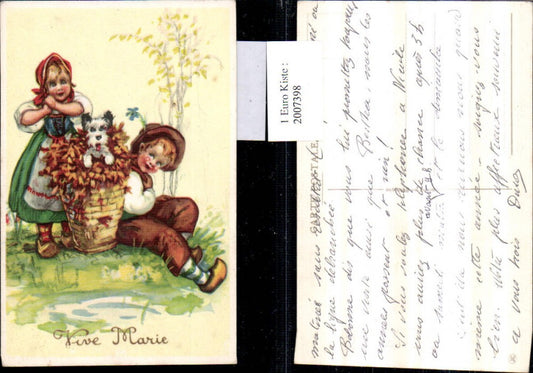 2007398,Künstler AK Junge Bub Mädchen Kopftuch Hut Pantoffeln Korb Hund Terrier