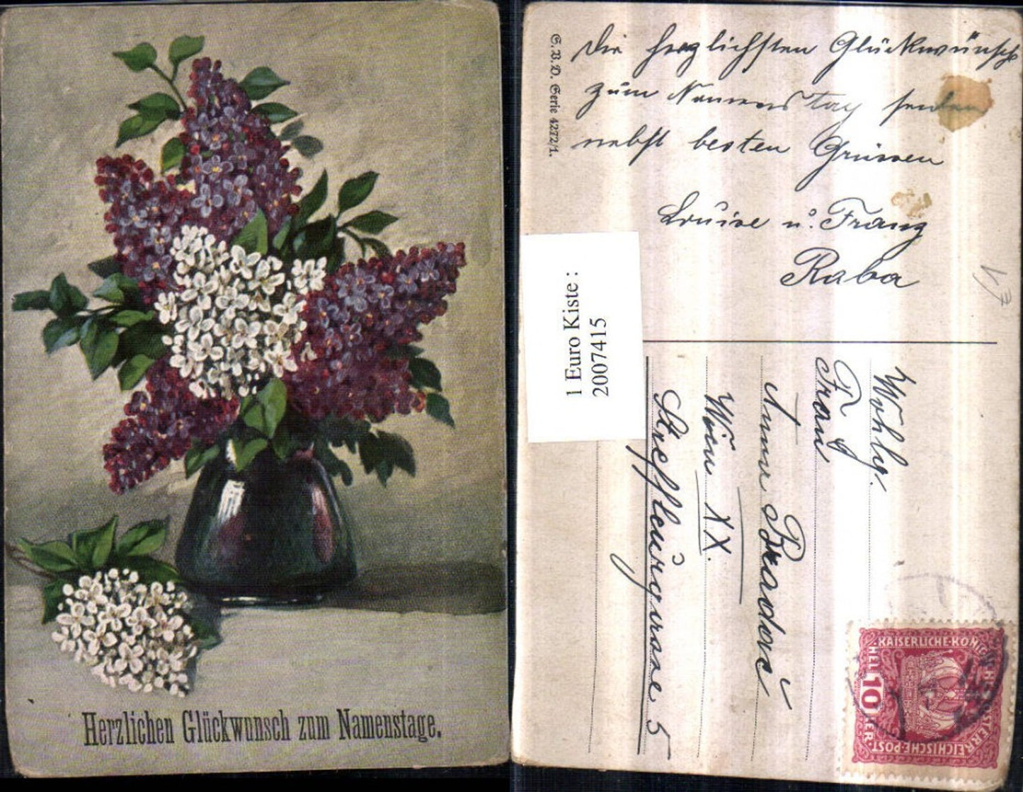 2007415,Künstler AK Namenstag Blumen Flieder Vase