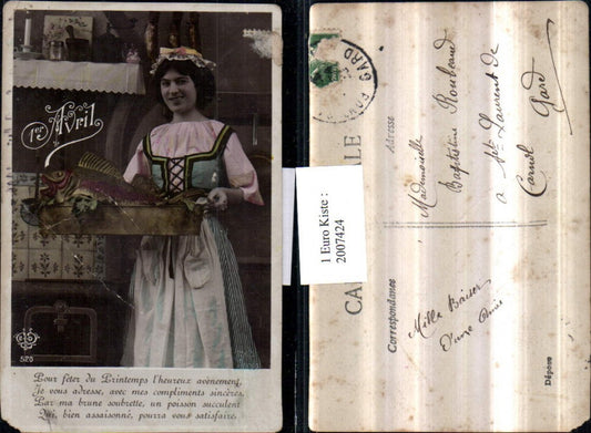 2007424,1. April Frau in Tracht Küche Fisch Spruch Text