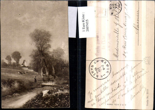 2007455,Künstler AK Landschaft Bach Brücke Dorf Hühner