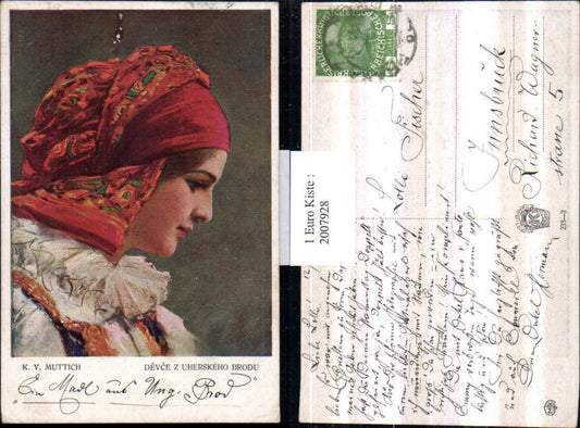 2007928,Künstler AK K. v. Muttich Devce z uherskeho brodu Frau m. Kopftuch Portrait