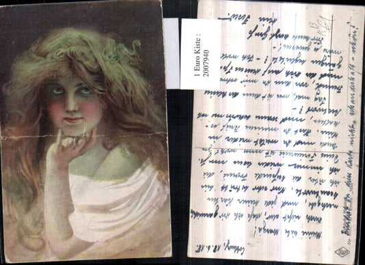 2007940,Künstler AK A. v. Riesen Nixe Frau Mädchen m. Langem Haar Schlange