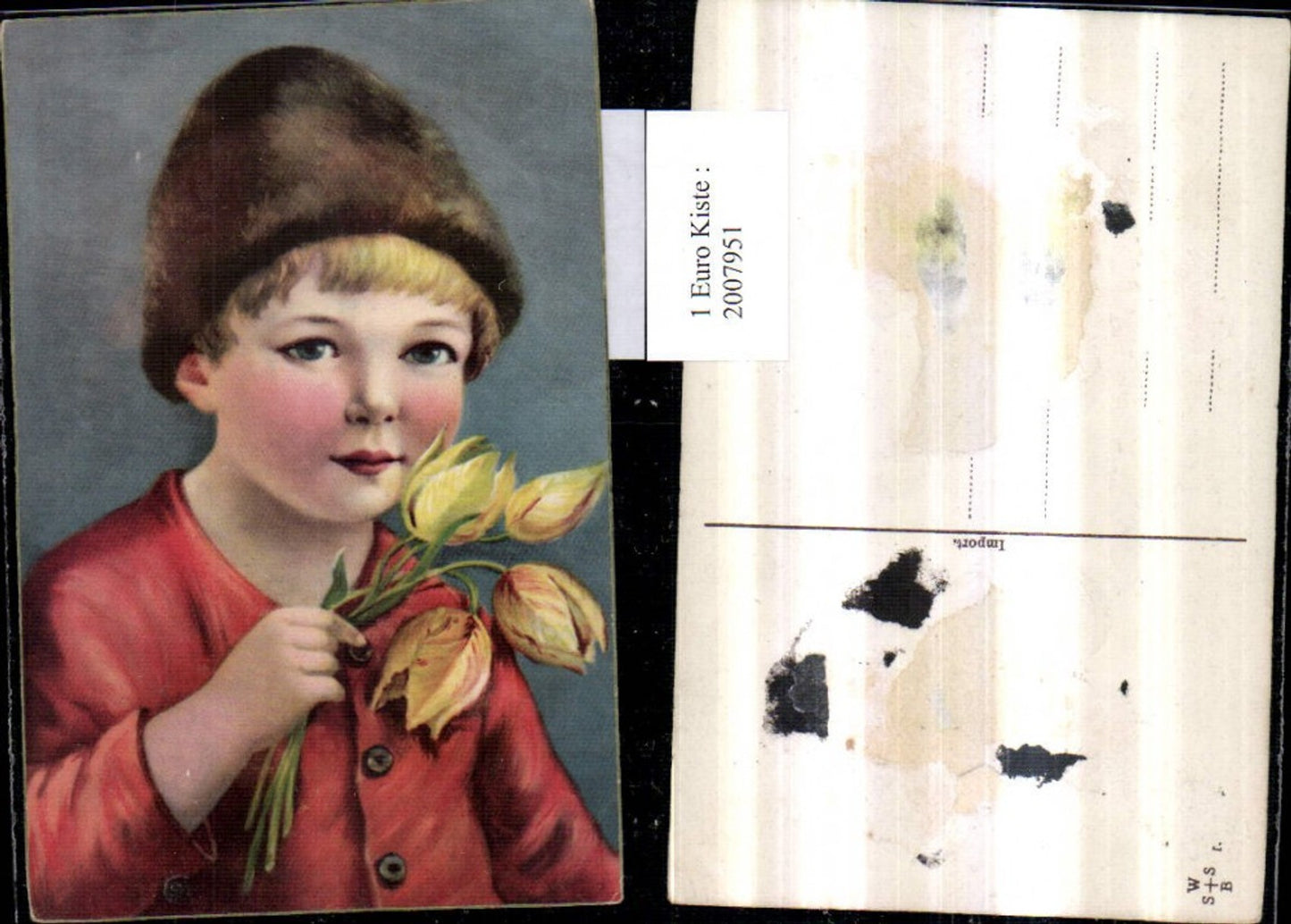 2007951,Künstler AK Junge Bub m. Haube Portrait Blumen Tulpen