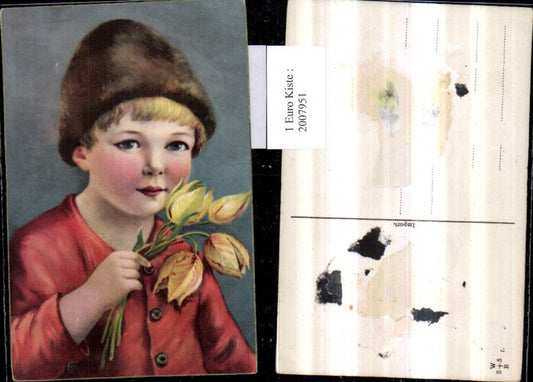 2007951,Künstler AK Junge Bub m. Haube Portrait Blumen Tulpen