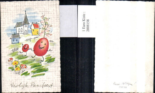 2008158,Mini Künstlerkarte Ostern Eiergesichter Eier Kirche Blumen