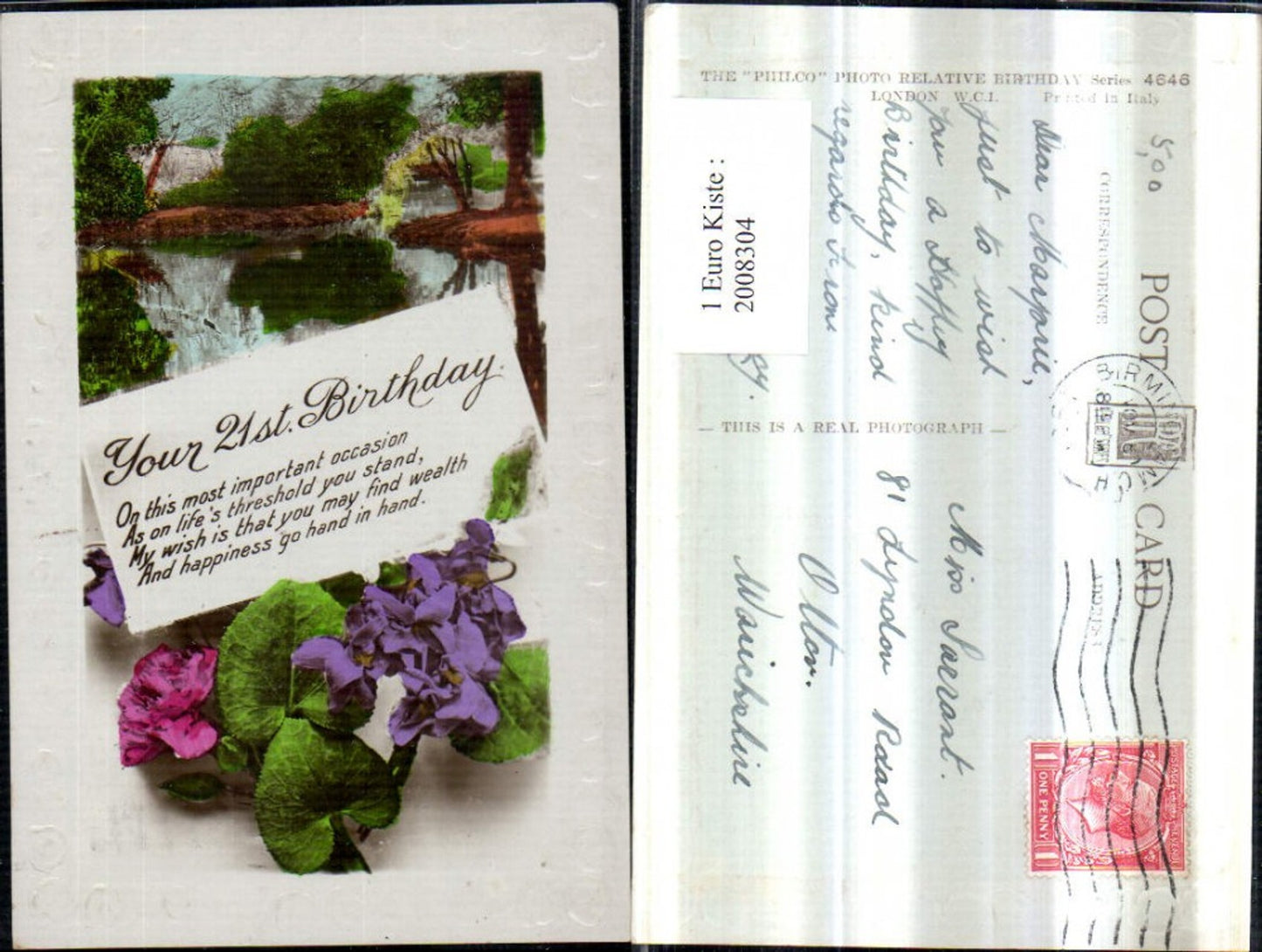 2008304,Präge Passeparout Birthday Geburtstag Landschaft Blumen Veilchen Spruch