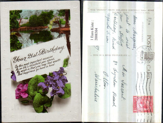 2008304,Präge Passeparout Birthday Geburtstag Landschaft Blumen Veilchen Spruch