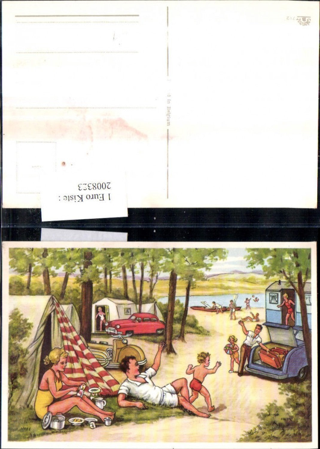 2008323,Künstler AK Campingplatz Camping Zelte Kinder Dosen Topf Ruderboote
