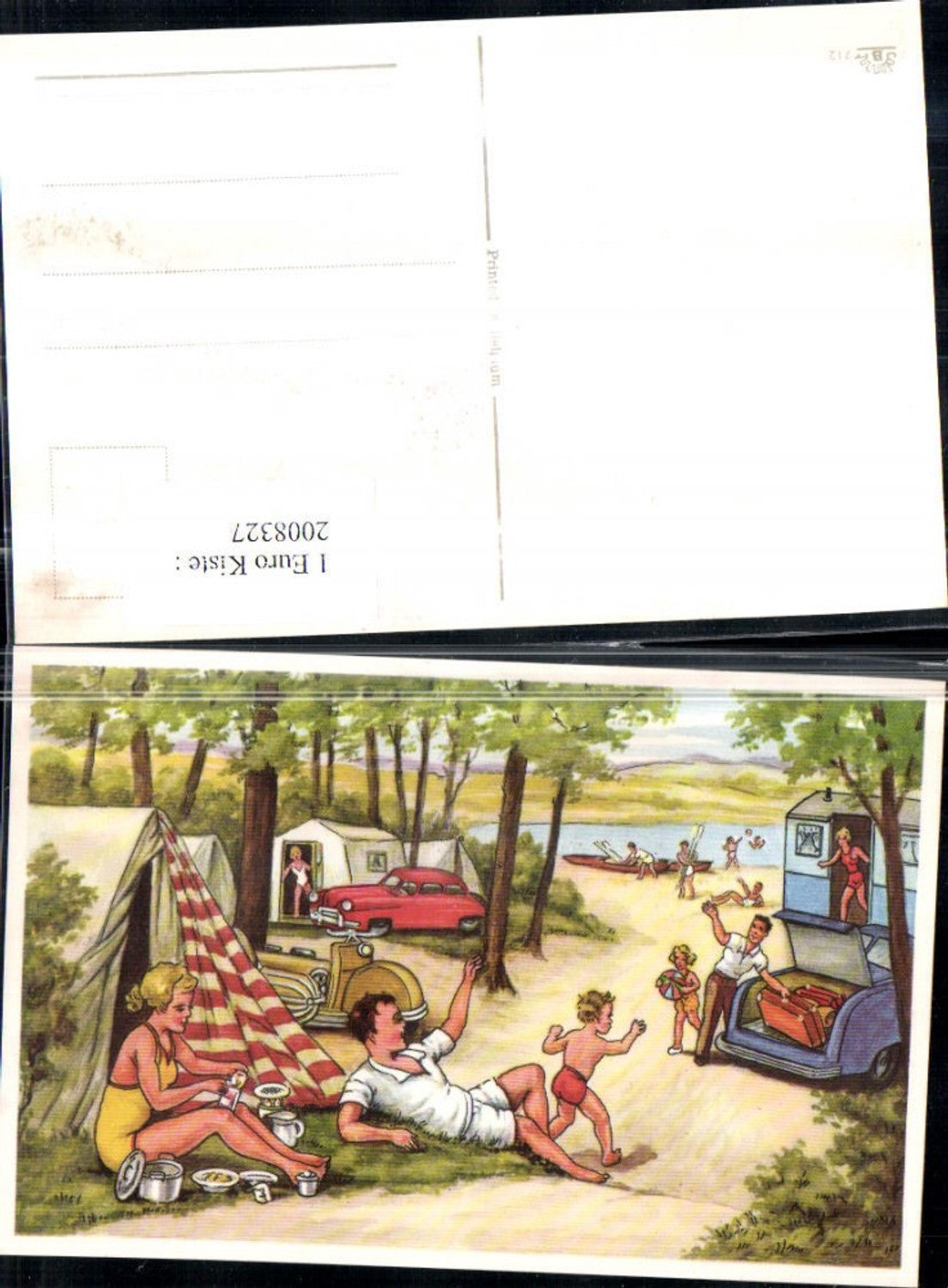 2008327,Künstler AK Campingplatz Camping Zelte Kinder Dosen Topf Ruderboote