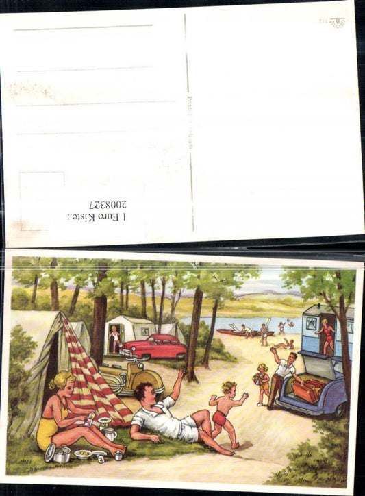 2008327,Künstler AK Campingplatz Camping Zelte Kinder Dosen Topf Ruderboote