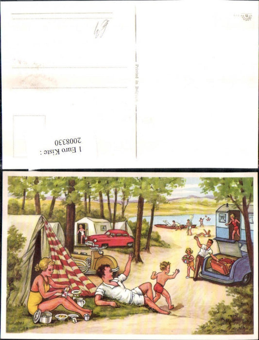 2008330,Künstler AK Campingplatz Camping Zelte Kinder Dosen Topf Ruderboote